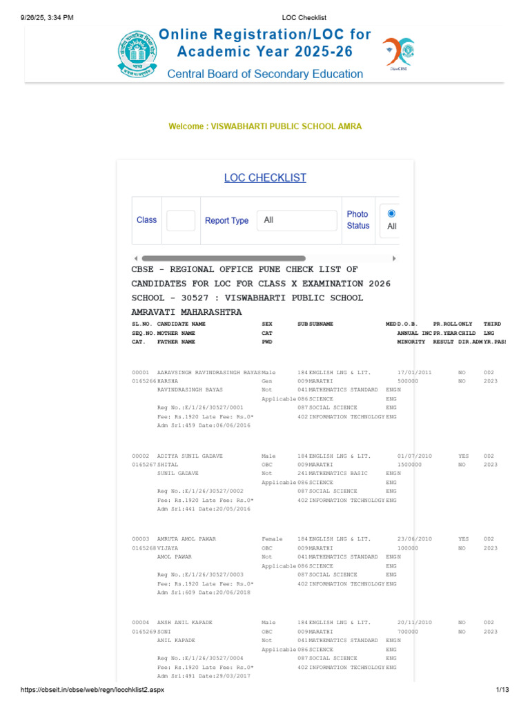 CBSE Class X LOC Checklist 2026 | PDF | Education Policy | Secondary ...