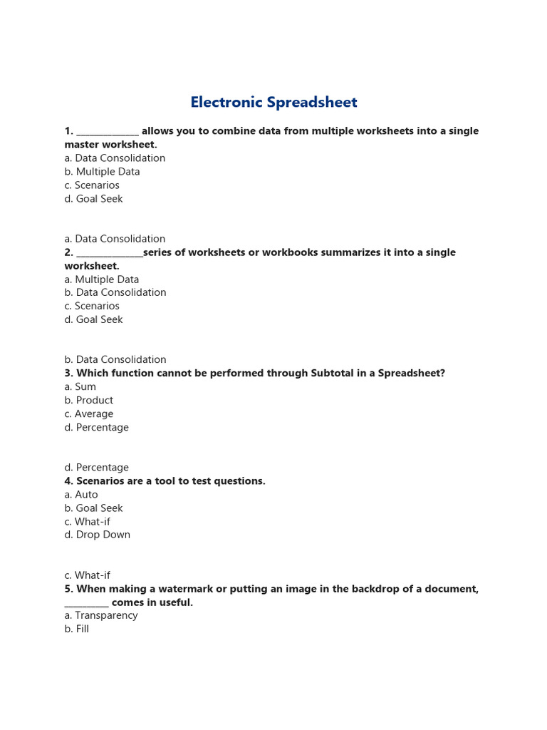 Class 10 MCQs on Electronic Spreadsheets | PDF | Spreadsheet | Worksheet