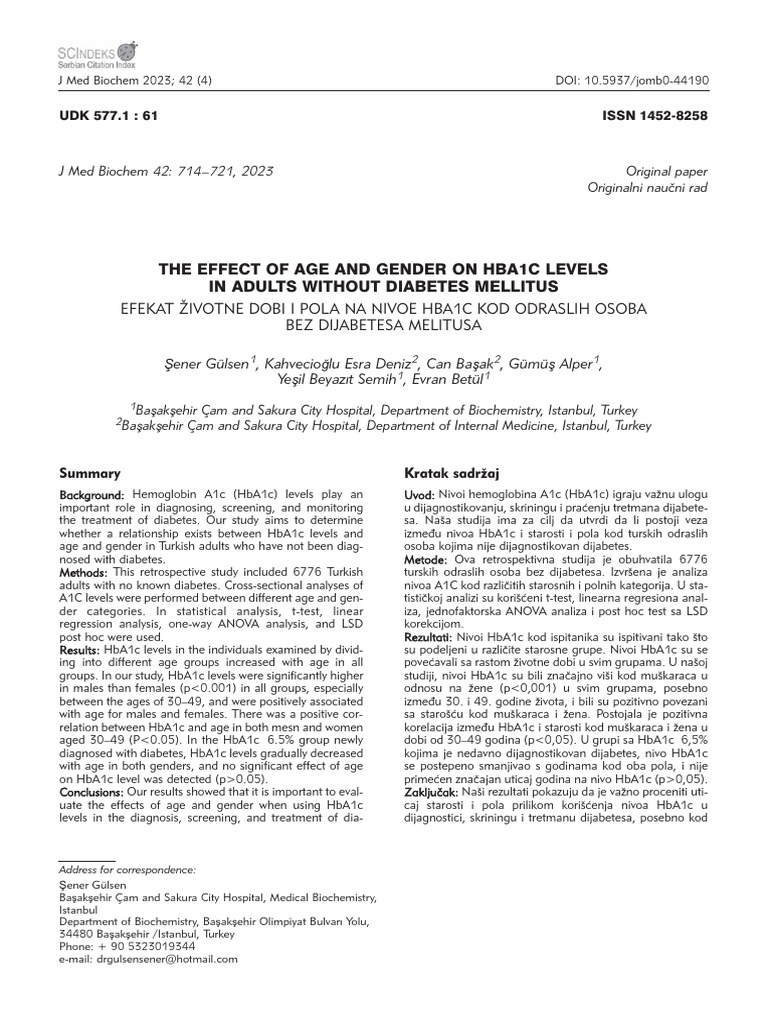 The Effect of Age and Gender On Hba1c Levels Gulsen | PDF | Glycated ...