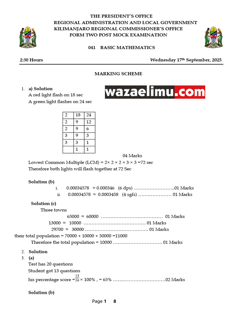 Kilimanjaro Form Two Math Mock Exam | PDF | Mathematics