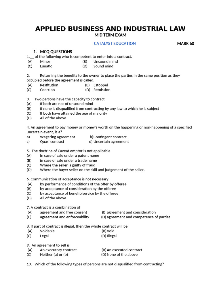 Business Law Midterm Exam Questions | PDF | Consideration | Offer And ...