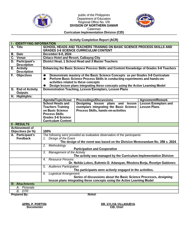 ACR Science Process Skills Training | PDF | Lesson Plan | Curriculum