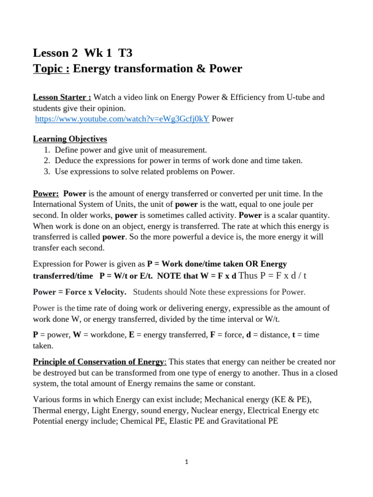 Energy Transformation and Power Basics | PDF | Power (Physics ...