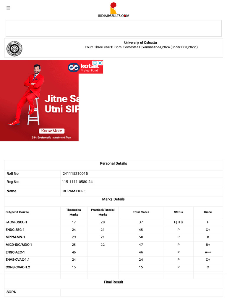 BCOM SEM I Exam 2024 Result - University of Calcutta | PDF