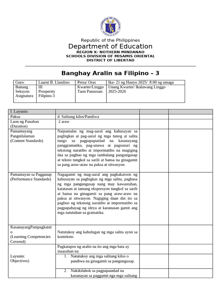 LP Filipino-3-Matatag IDF Indicators Century Lesson-Plan Laarni | PDF