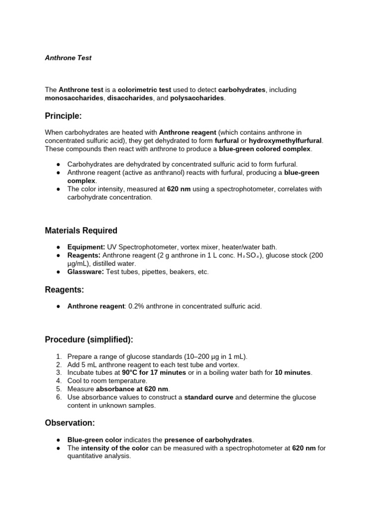 Anthrone Test for Carbohydrate Detection | PDF | Carbohydrates | Glucose