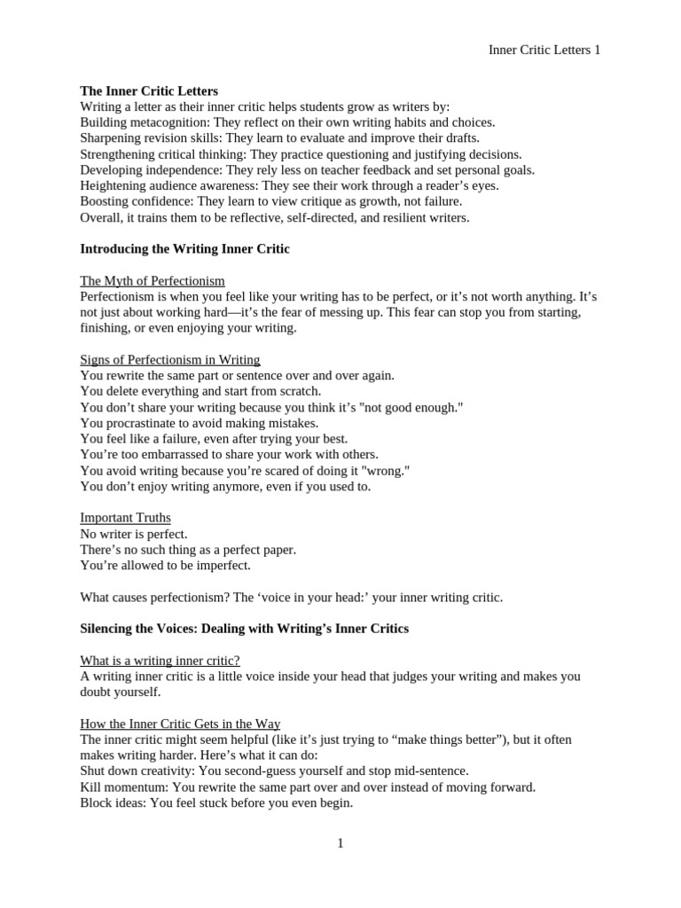 Inner Critic Letters Packet | PDF | Creativity | Psychological Concepts
