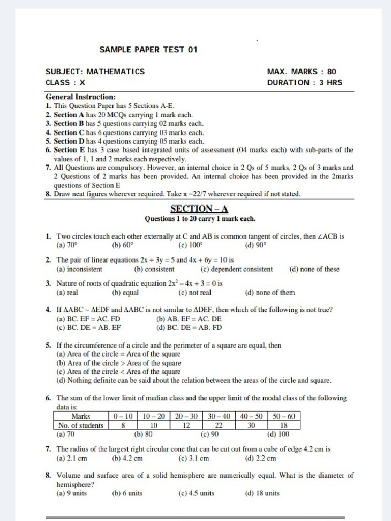 Maths X Test Paper 1 | PDF