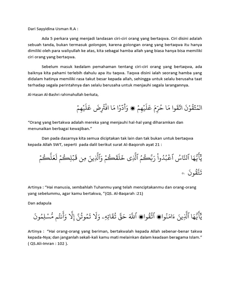 Ciri-Ciri Orang Bertaqwa Menurut Usman R.A | PDF