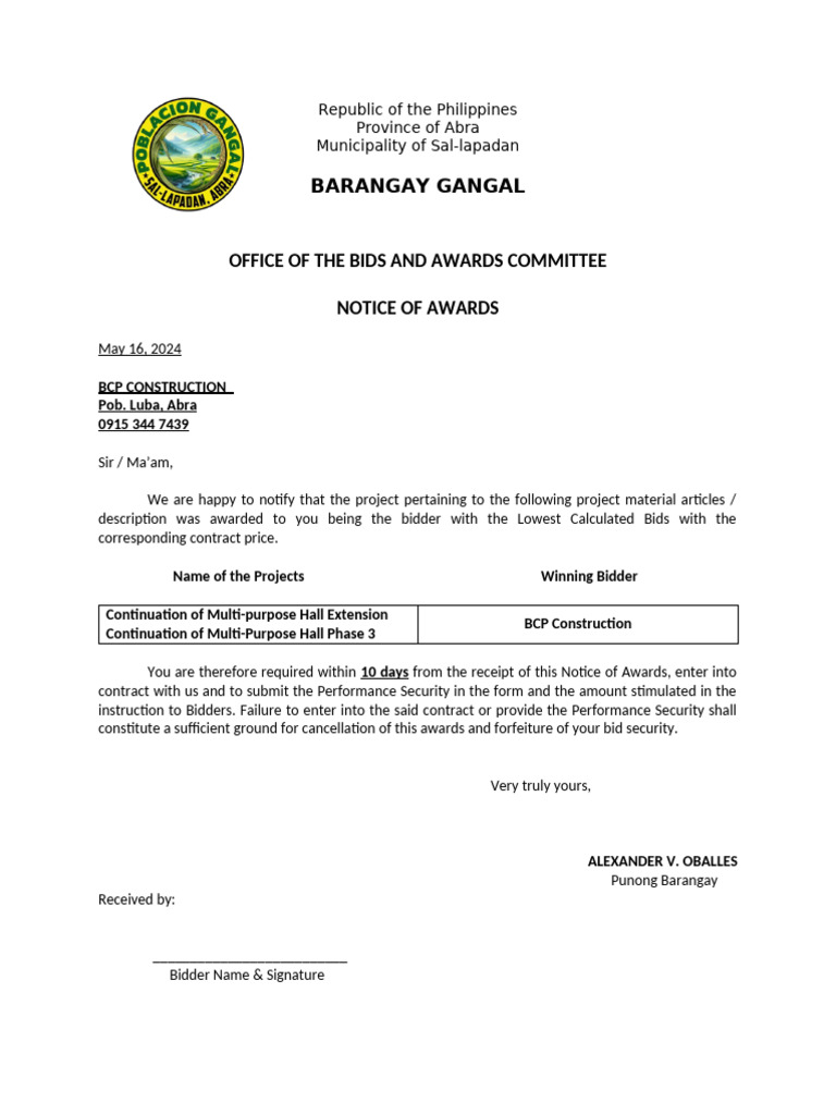 Notice of Award for BCP Construction | PDF