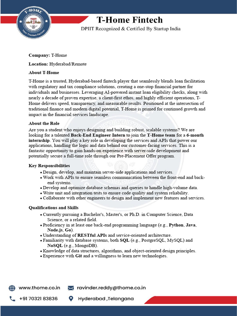 Back-End Engineer Internship at T-Home | PDF | Databases | Computing