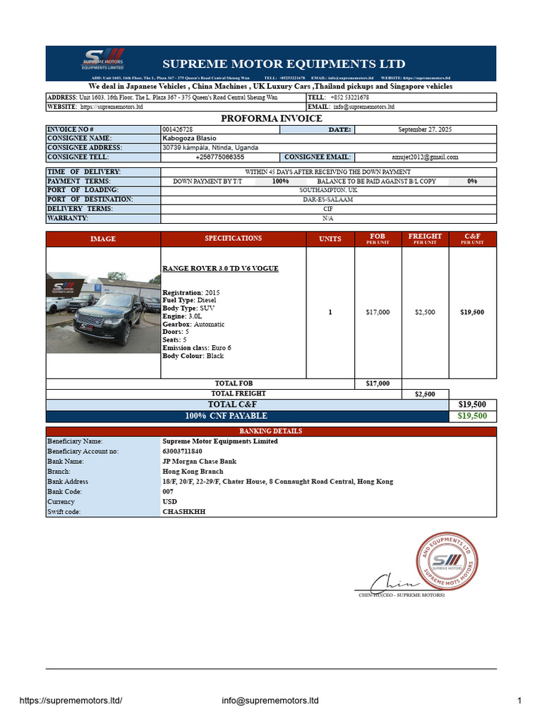 Sm27925ugn Proforma Invoice - Range Rover Vogue | PDF | Invoice | Receipt