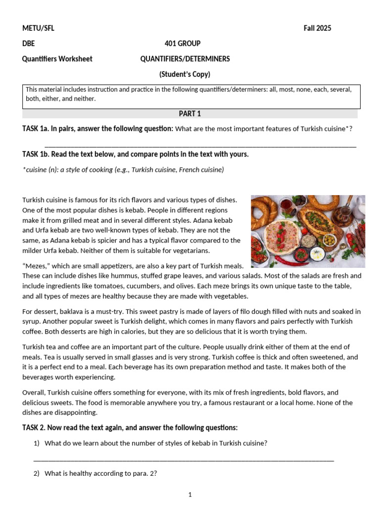 Quantifiers Worksheet SS REVISED 11.09.2025 | PDF | Turkish Cuisine | Kebab