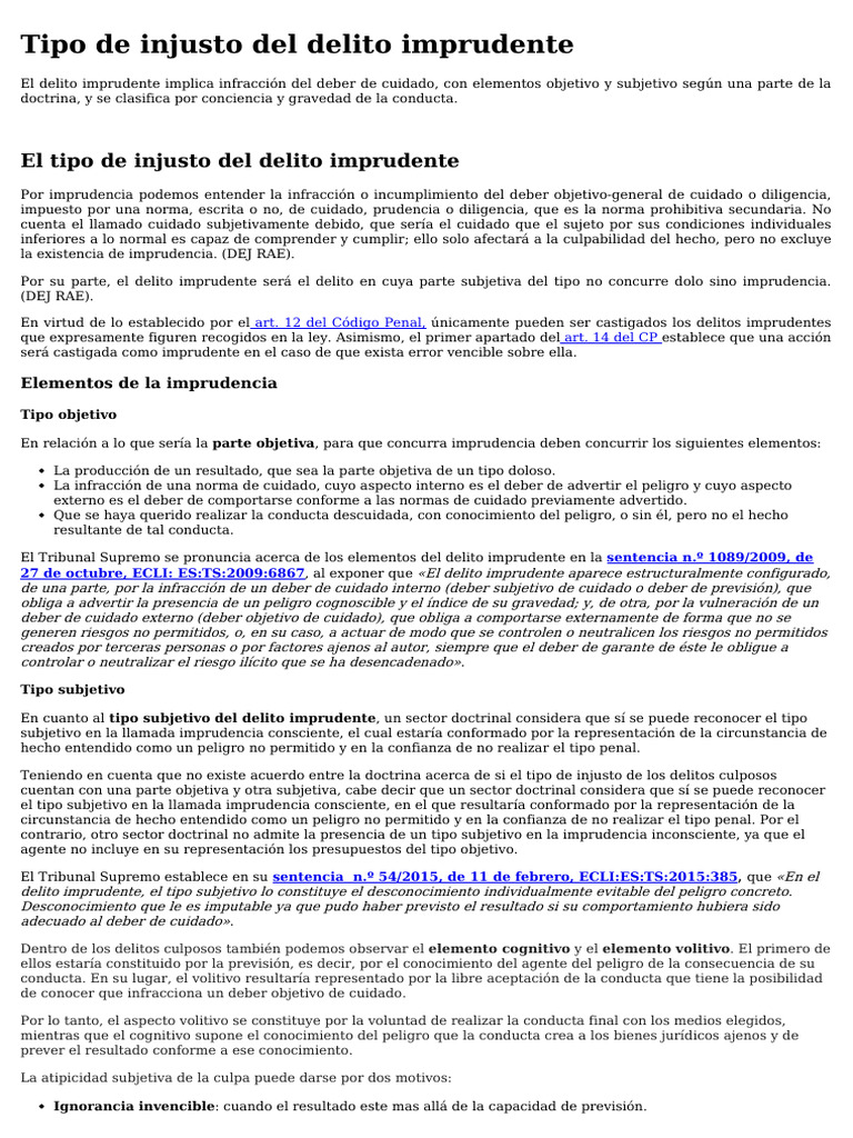 Delito Imprudente: Tipo de Injusto y Elementos | PDF | Intención ...