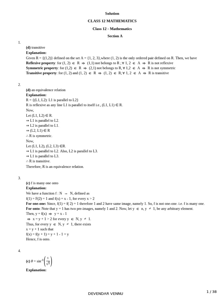 Class 12 Mathematics Solutions Guide | PDF | Triangle | Mathematical ...