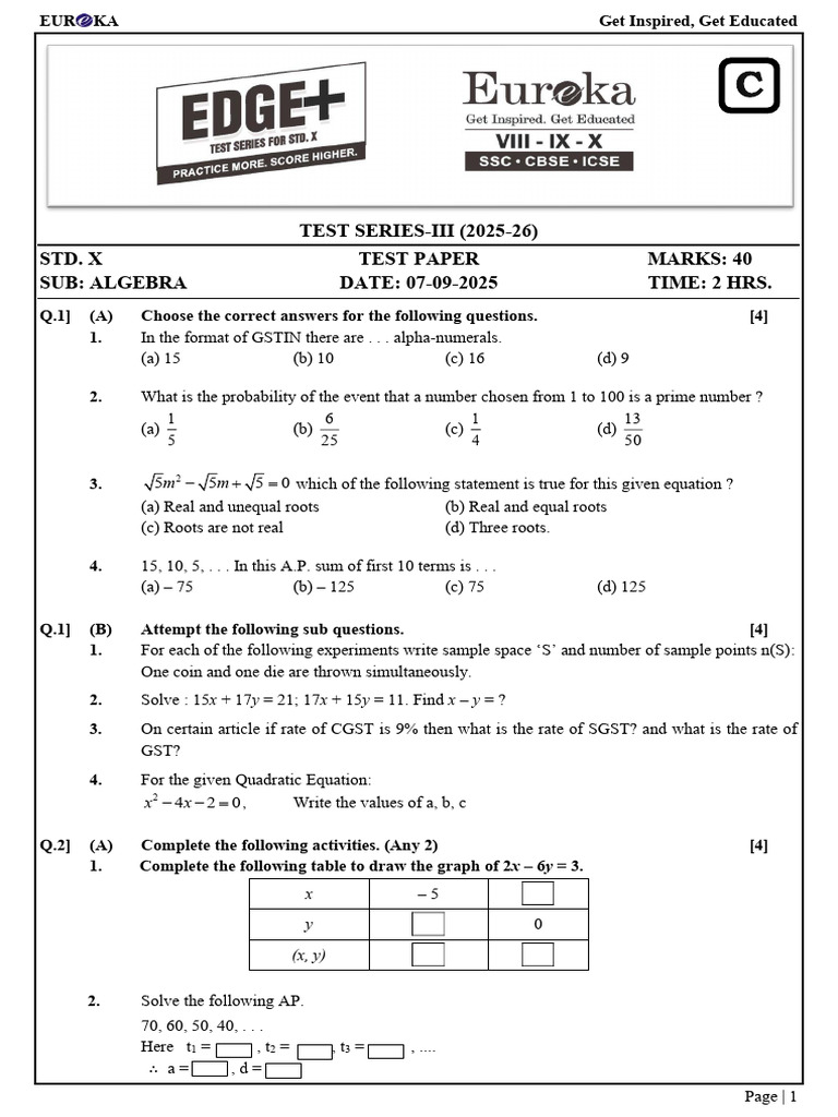 Algebra Test Paper for Std. X (2025-26) | PDF | Discrete Mathematics ...