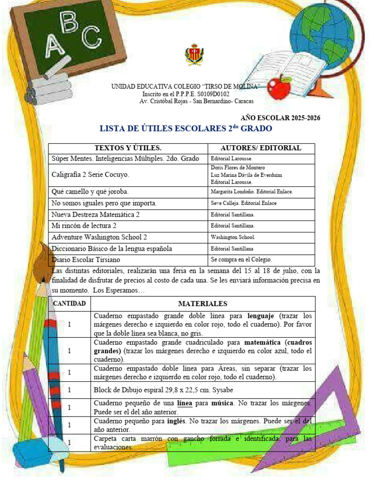 Útiles Escolares 2do Grado 2025-2026 | PDF | Papelería