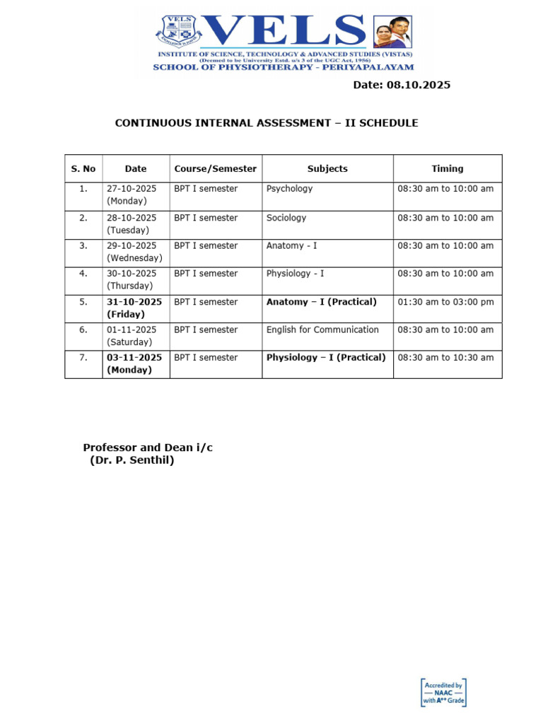 Continuous Internal Assessment - II Schedule | PDF