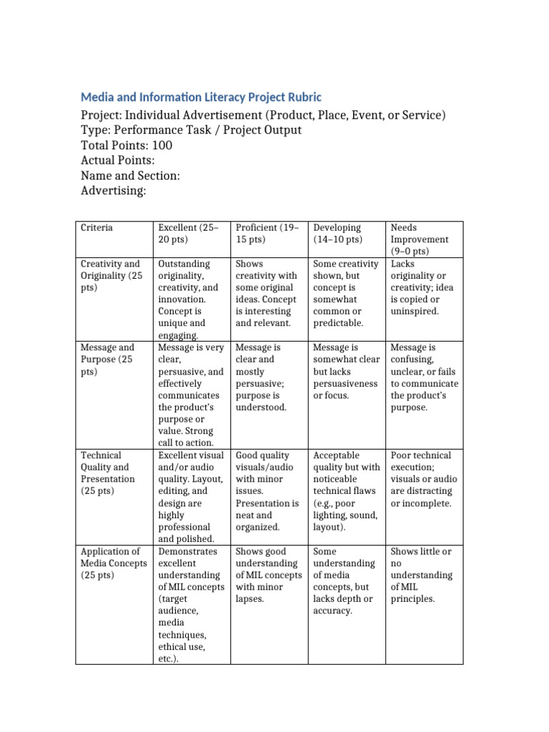 Advertisement Project Rubric Guide | PDF | Creativity | Cognitive Science