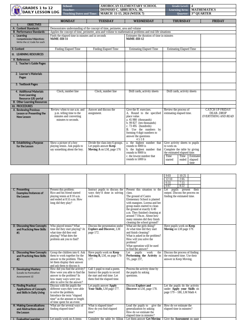 Grade 4 Math Lesson Plan: Elapsed Time | PDF | Learning