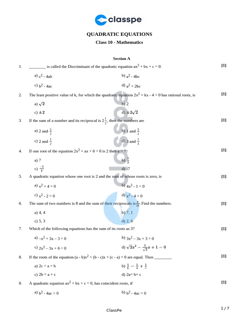 Quadratic Equations Class 10 Guide | PDF | Area | Quadratic Equation