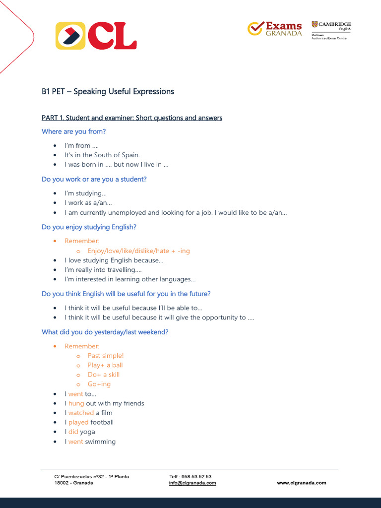 B1 Pet Speaking Useful Expressions Pdf Languages Foreign