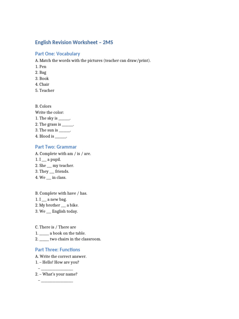 English Revision Worksheet for Beginners | PDF