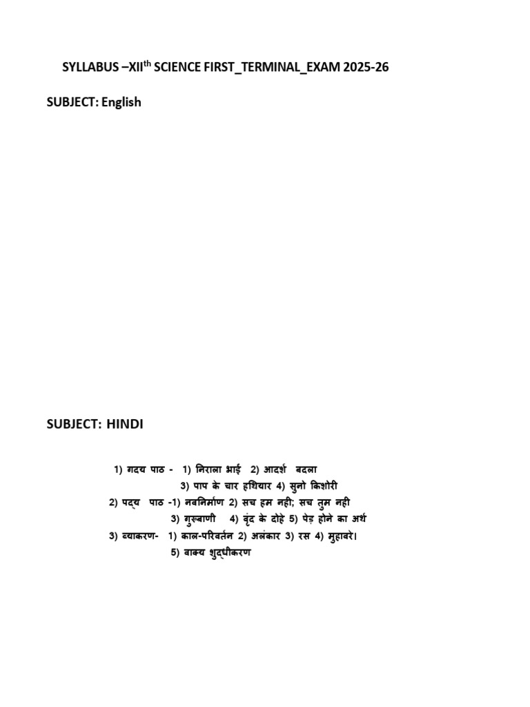 XII Science Terminal Exam Syllabus 2025-26 | PDF | Physical Sciences