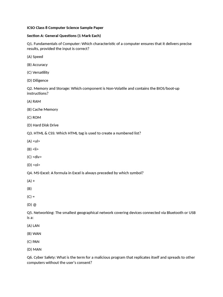 Class 8 Computer Science Sample Paper | PDF | Computer Data Storage ...