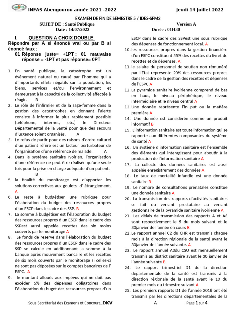 Examen Santé Publique IDE3-SFM3 2022 | PDF | Vaccination | Contraception