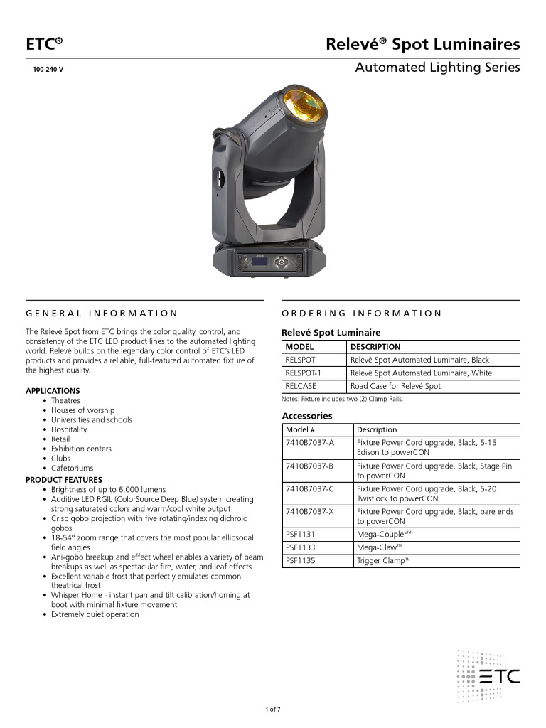 ETC Releve Spot Datasheet | PDF | Color | Light Emitting Diode
