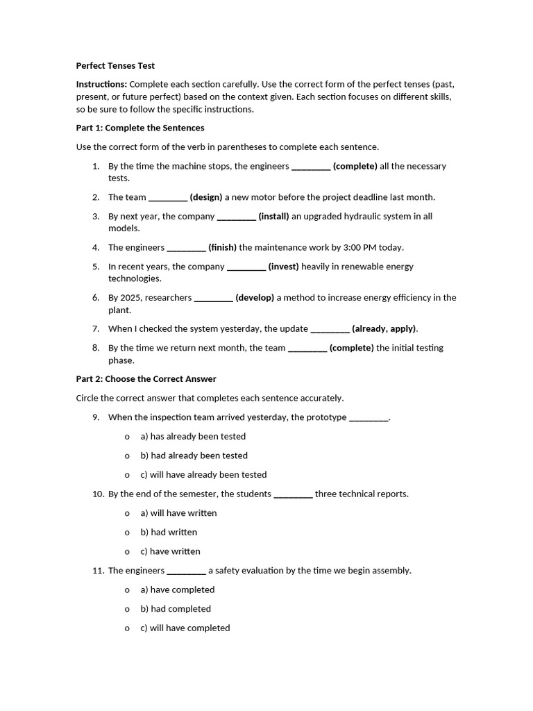 Perfect Tenses Practice Test | PDF