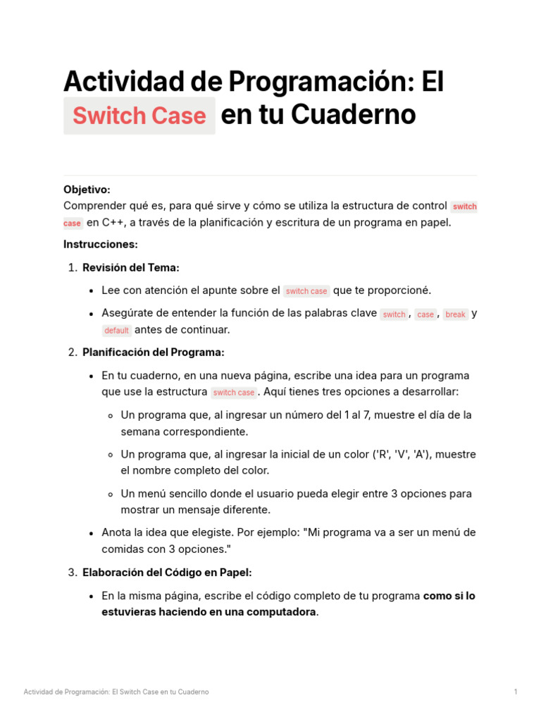 Programación en C++: Estructura Switch Case | PDF | C ++ | Ingeniería ...