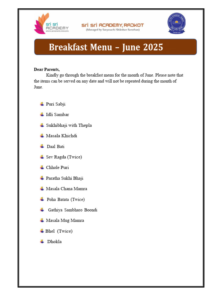 Breakfast Menu For June Month 2025 | PDF