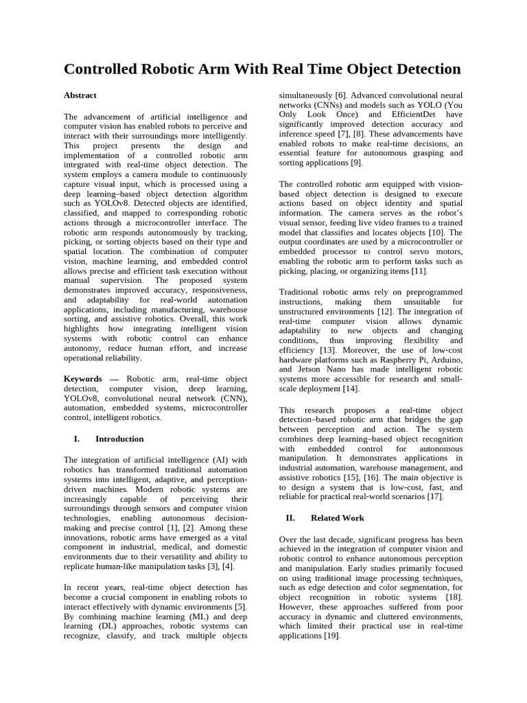 Real-Time Object Detection Robotic Arm | PDF | Robotics | Computer Vision
