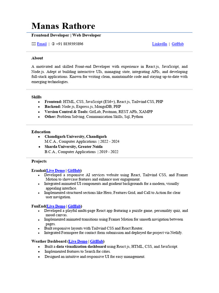 Frontend Developer Portfolio: Manas Rathore | PDF | Java Script | User ...