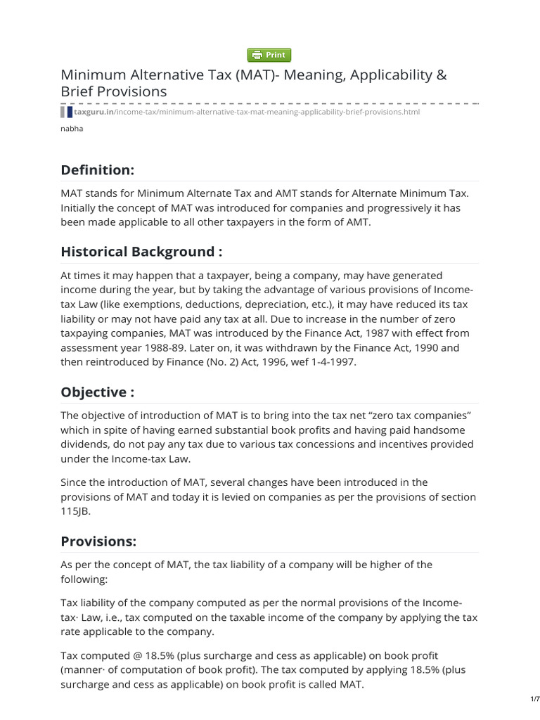 Understanding Minimum Alternate Tax (MAT) | PDF | Alternative Minimum ...