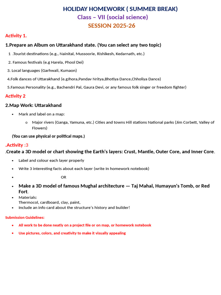 Summer Homework for Class VII Social Science | PDF