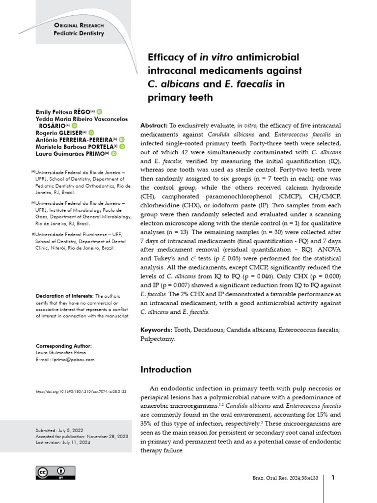 Efficacy of in Vitro Antimicrobial Intracanal Medicaments Against C ...