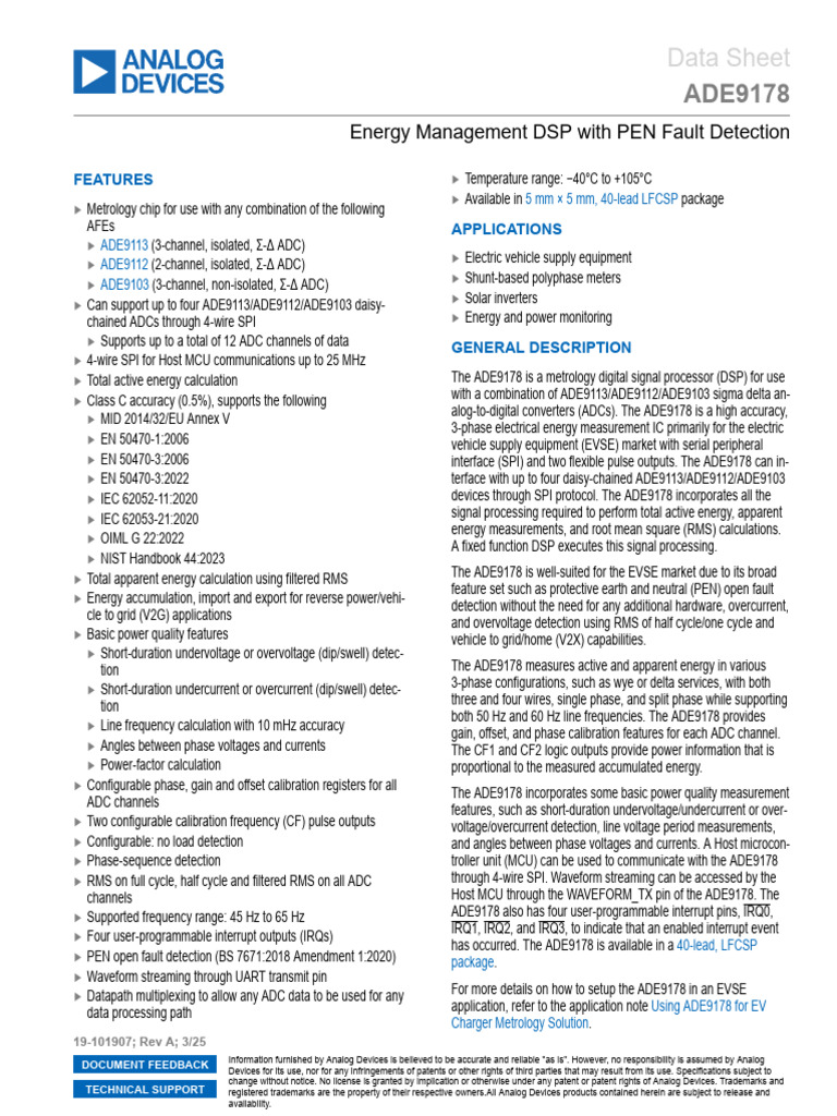 ADE9178 Energy Management DSP Data Sheet | PDF | Analog To Digital ...