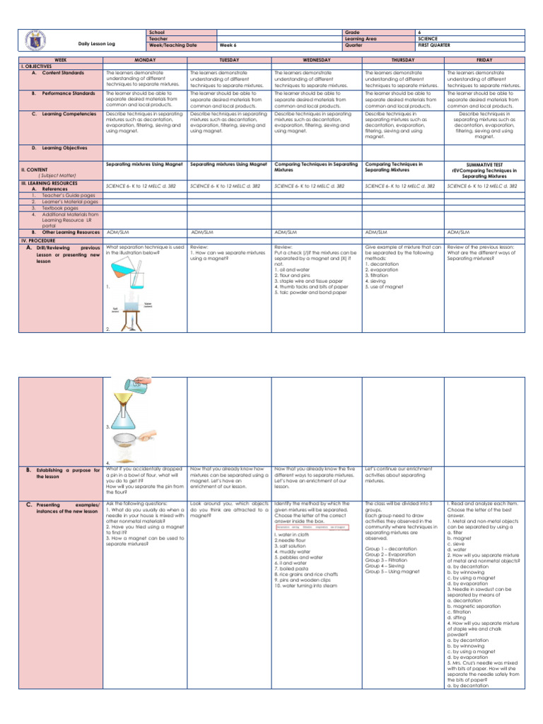 Grade 6 Science: Separating Mixtures | PDF | Filtration | Chemistry