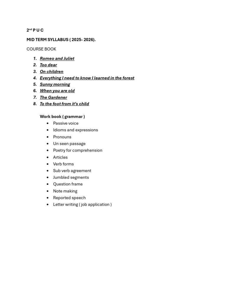 2nd P U C, Mid Term Syllabus | PDF