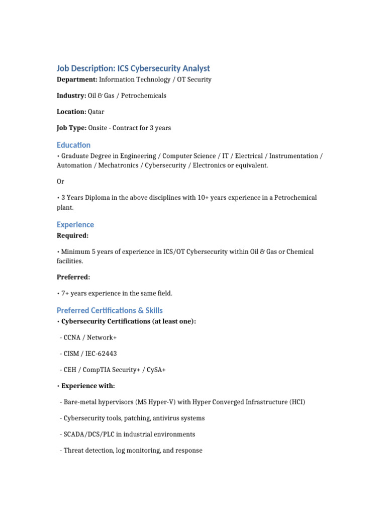 ICS Cybersecurity Analyst - JD | PDF