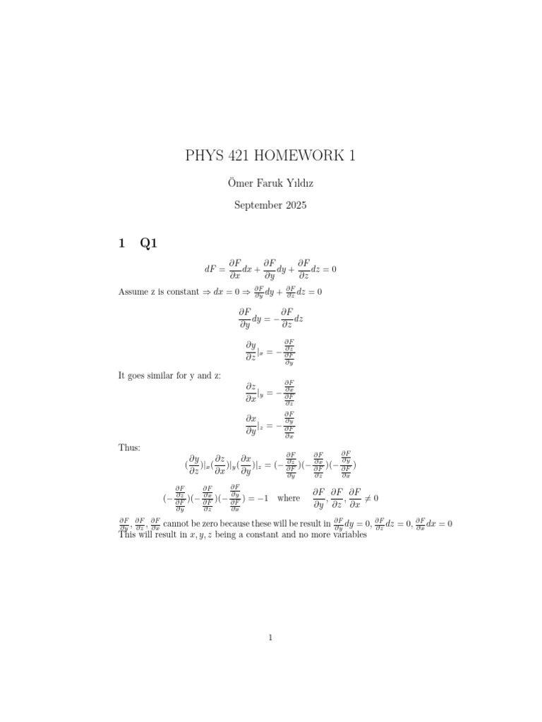 PHYS 421 Homework on Partial Derivatives | PDF | Determinant ...