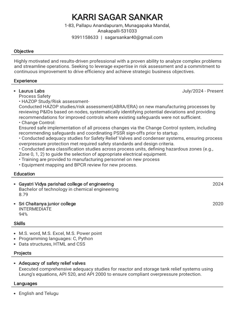 Process Safety Expert Resume | PDF