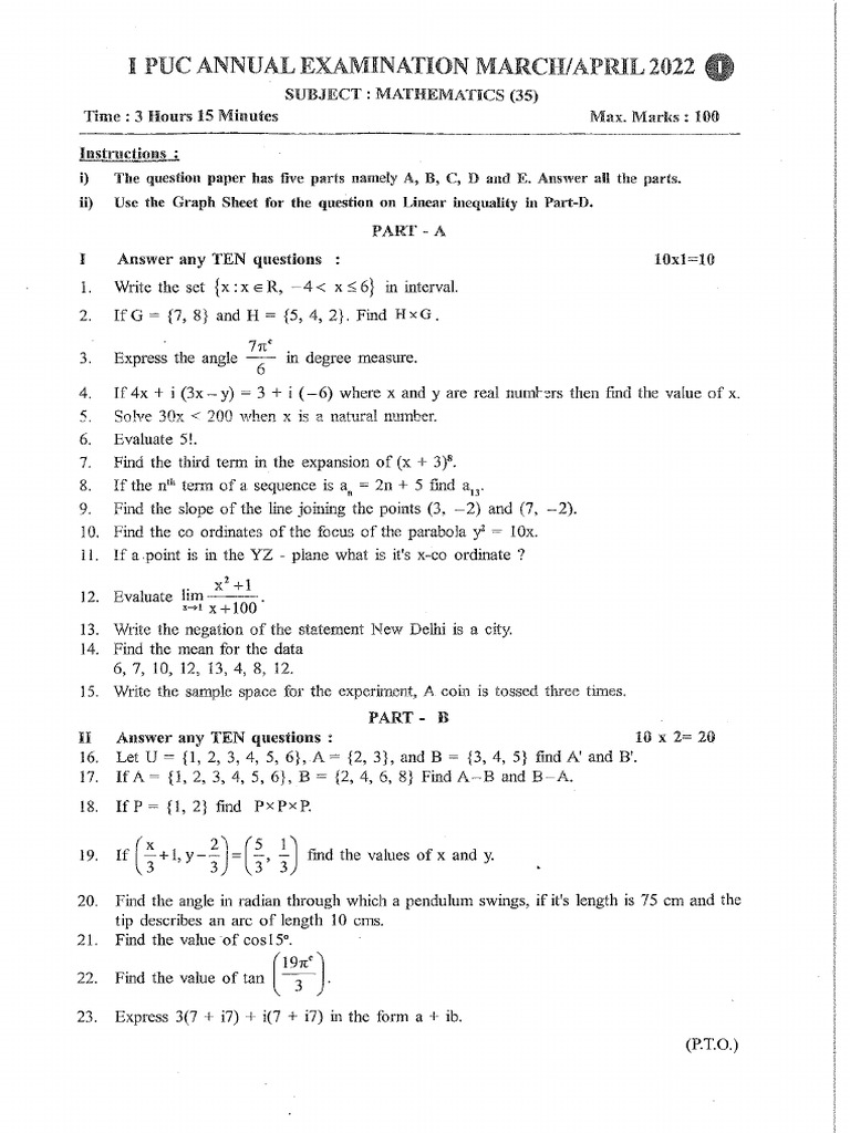I Puc Mathematics Annual Papers (2022-25) | PDF