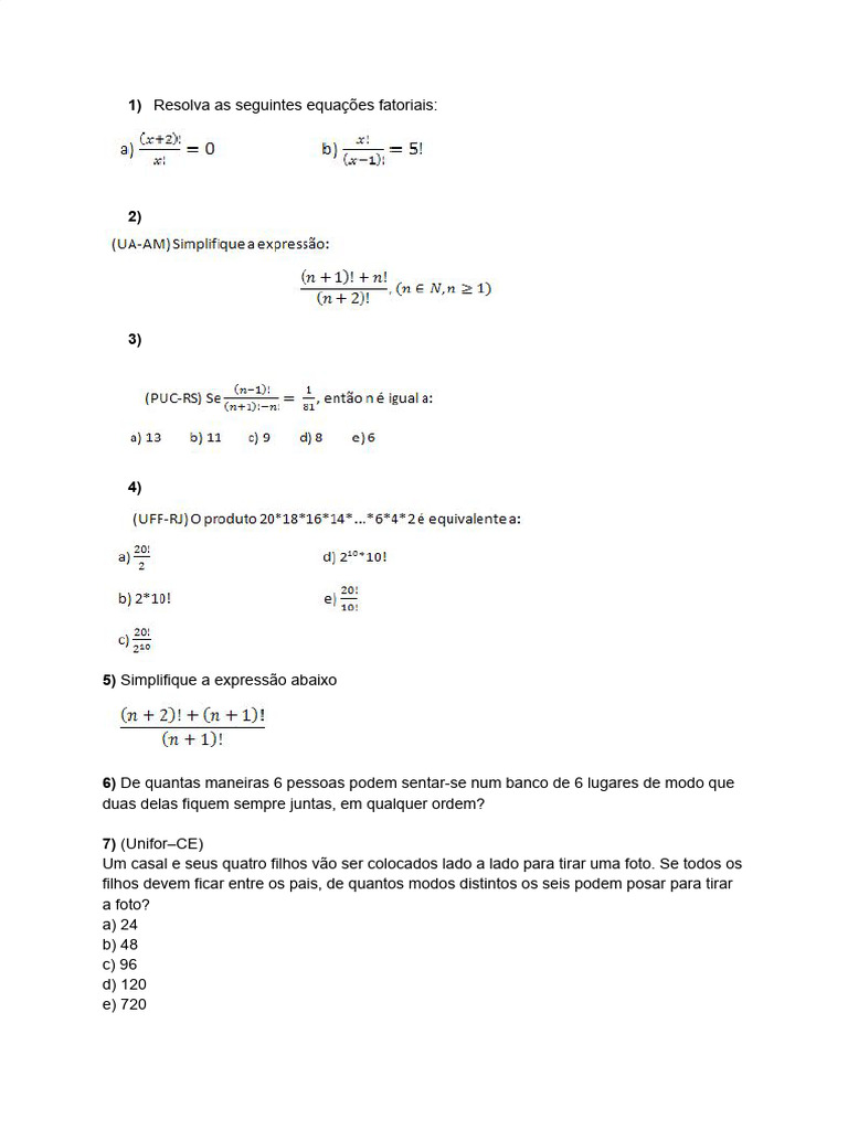 Fatorial e Princípio Fundamental Da Contagem - Lista de Exercícios Aula ...