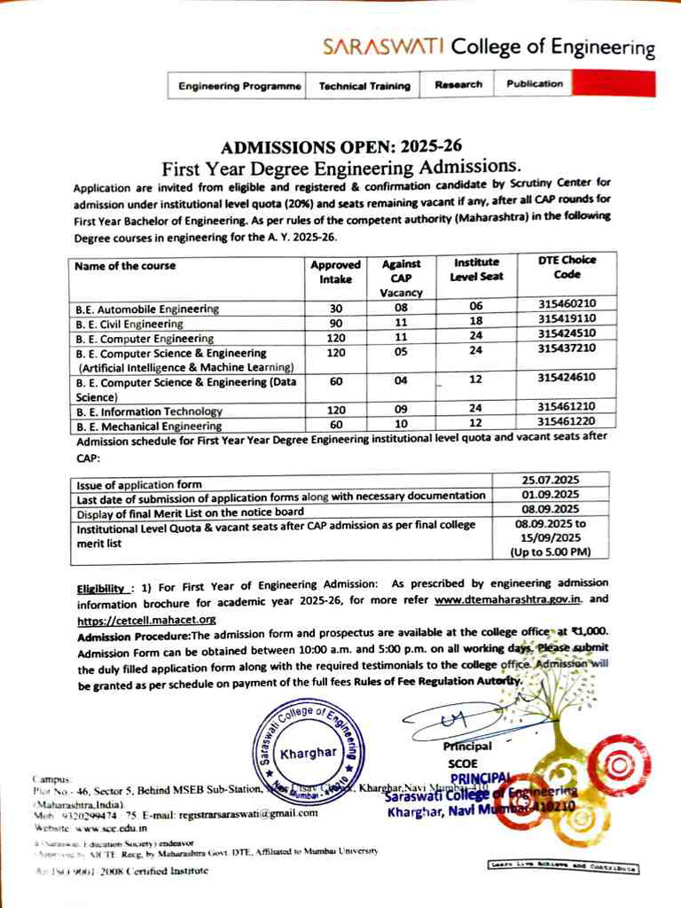 First Year Admission Schedule Institute Level Against Cap Merit List AY ...
