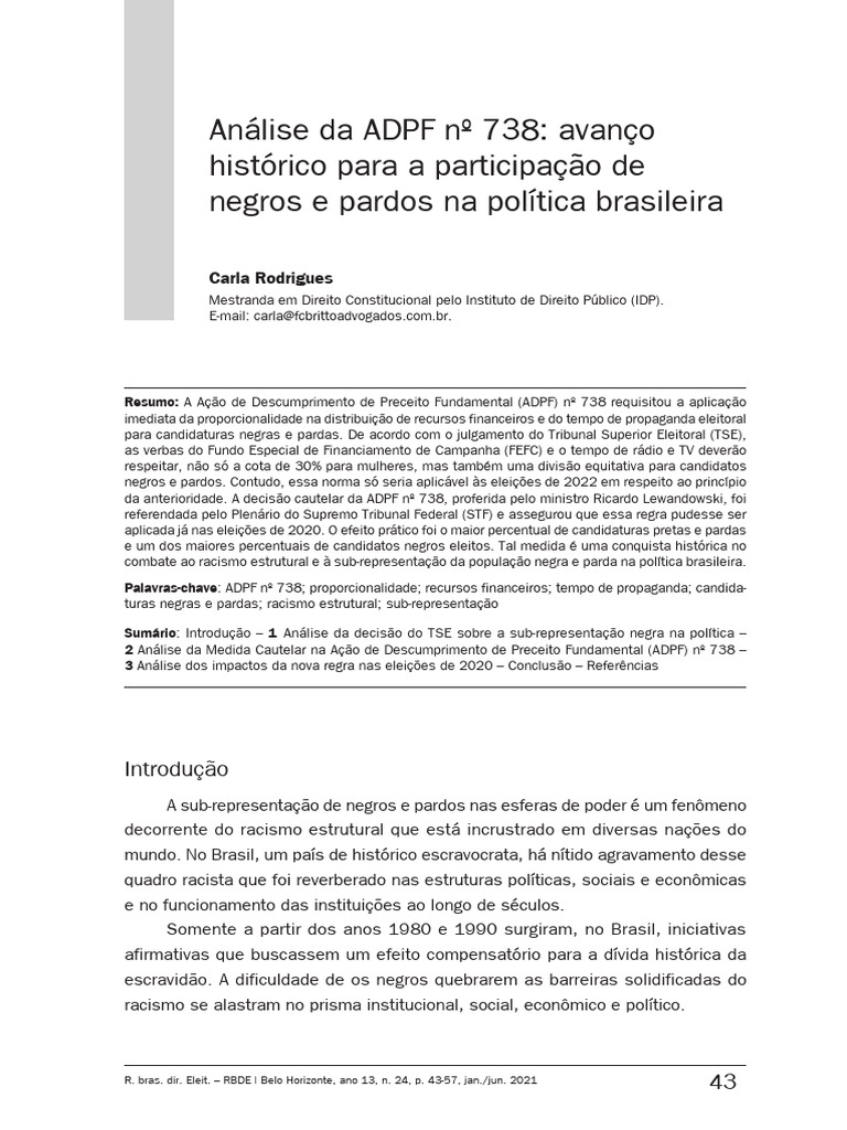 Analise Da ADPF No 738 Avanco Historico | PDF | Ação afirmativa | Eleições
