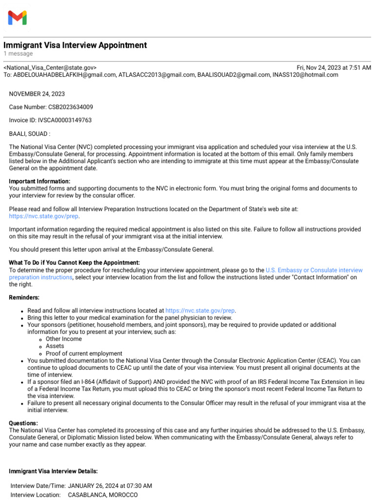 Immigrant Visa Interview Appointment Details | PDF | Travel Visa ...